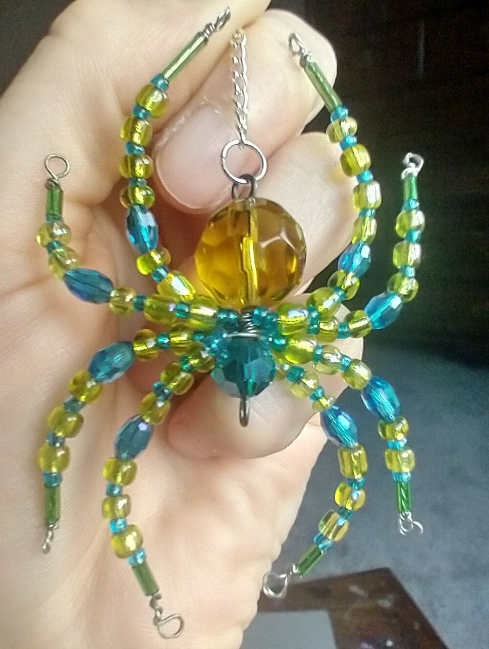Handcraftes Blue & Lime Green Beaded Spider Pendant